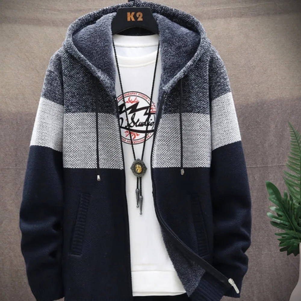 Men's Knit Cardigan Hooded Jacket In Navy Blue - Picture 1 of 4
